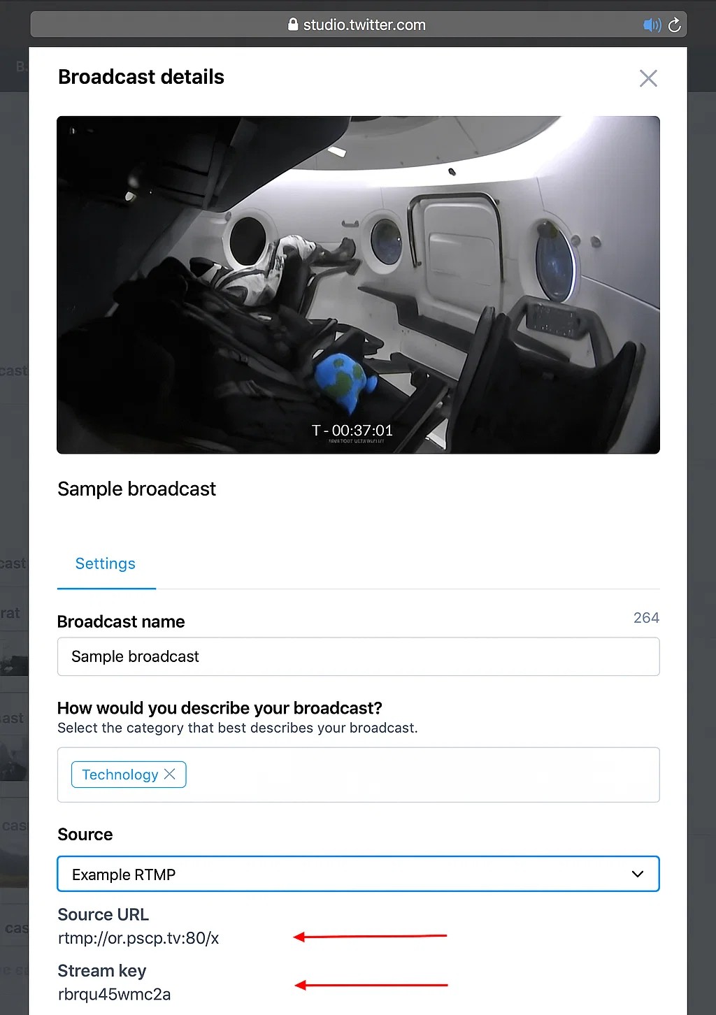 Copy Source URL and Stream Key from Settings